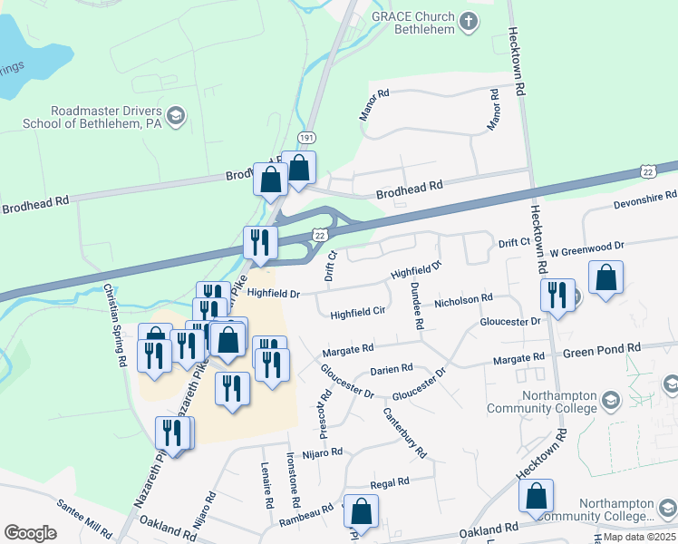 map of restaurants, bars, coffee shops, grocery stores, and more near 110 Drift Court in Bethlehem