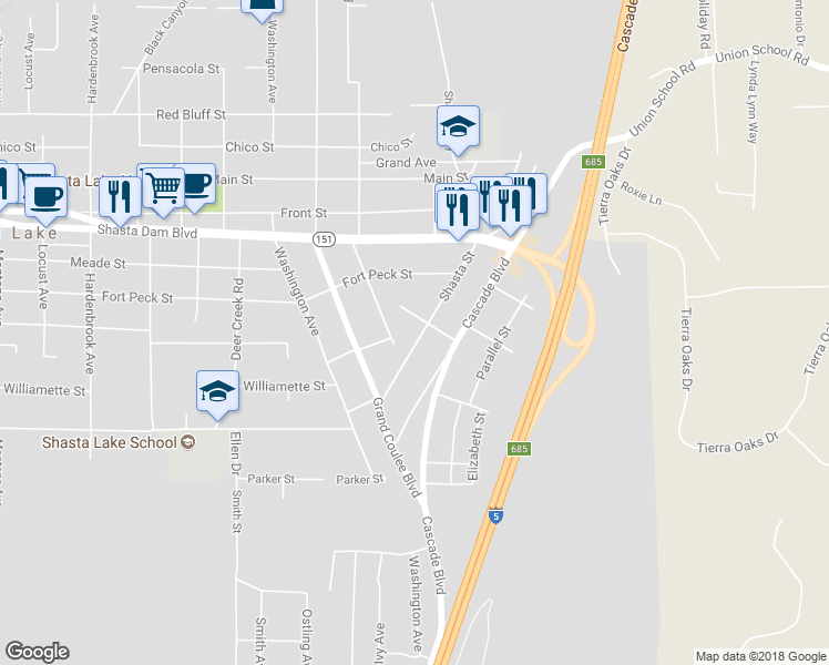map of restaurants, bars, coffee shops, grocery stores, and more near 1920 Shasta Street in Shasta Lake