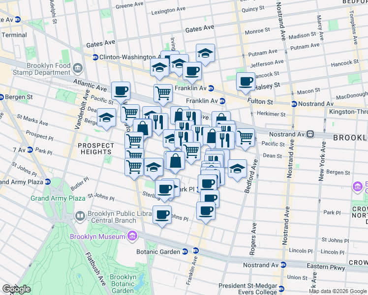 map of restaurants, bars, coffee shops, grocery stores, and more near Bergen St & Classon Ave in Brooklyn