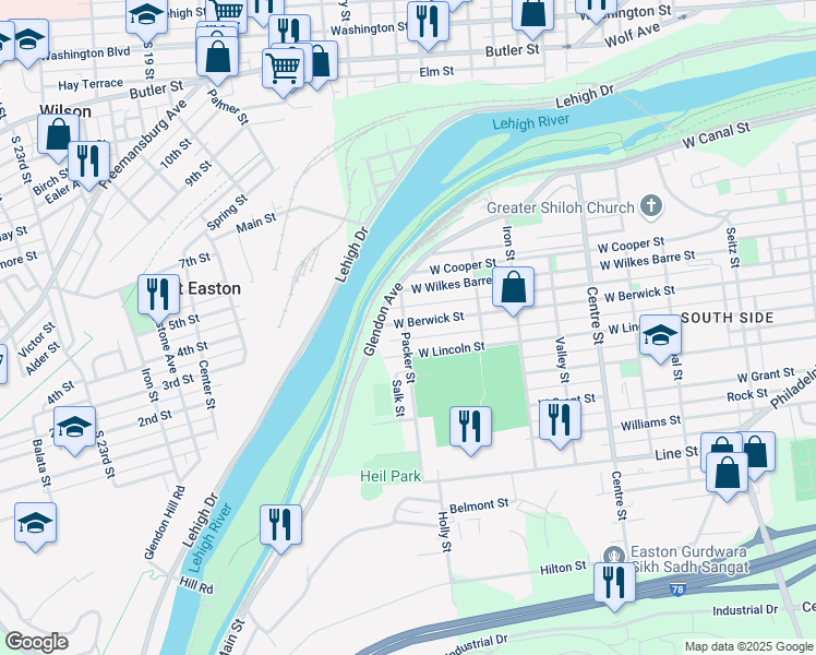 map of restaurants, bars, coffee shops, grocery stores, and more near 1098 West Berwick Street in Easton
