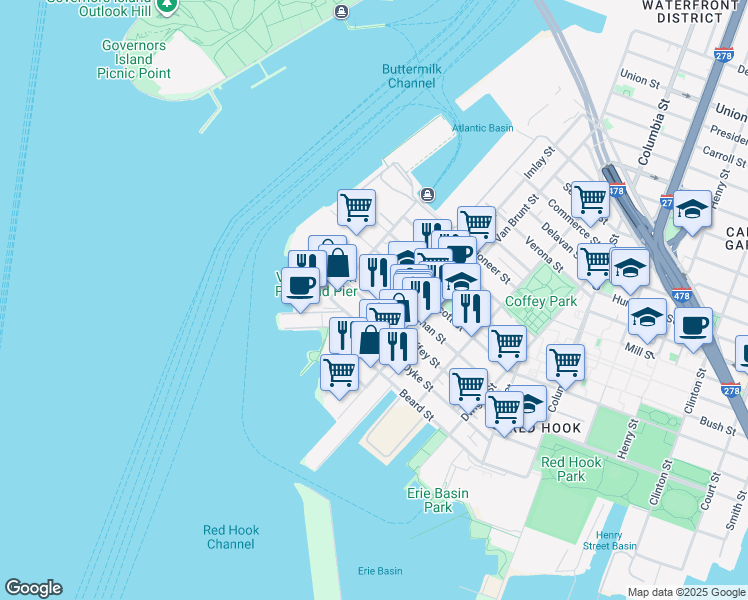 map of restaurants, bars, coffee shops, grocery stores, and more near 153 Coffey Street in Brooklyn