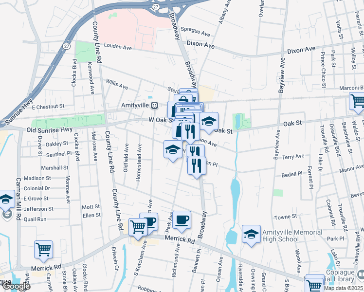 map of restaurants, bars, coffee shops, grocery stores, and more near 174 Park Avenue in Amityville