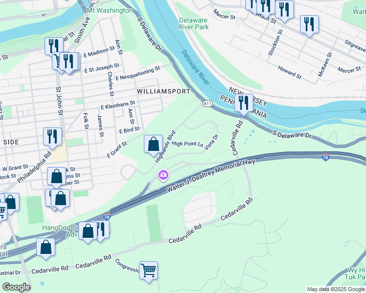 map of restaurants, bars, coffee shops, grocery stores, and more near 110 High Point Lane in Easton