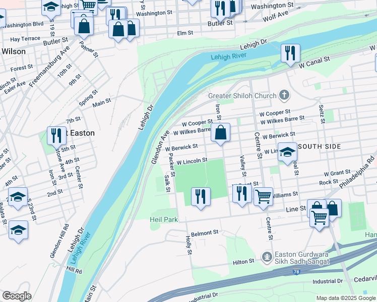 map of restaurants, bars, coffee shops, grocery stores, and more near 1048 West Berwick Street in Easton