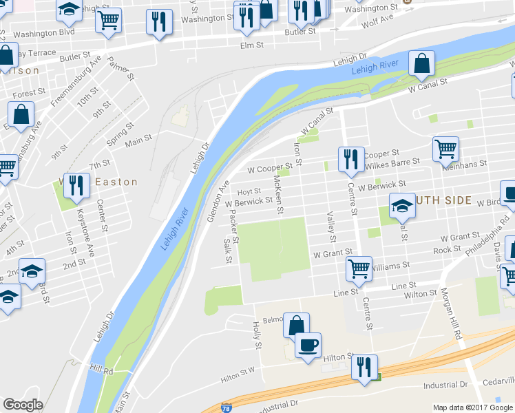 map of restaurants, bars, coffee shops, grocery stores, and more near 1048 West Berwick Street in Easton