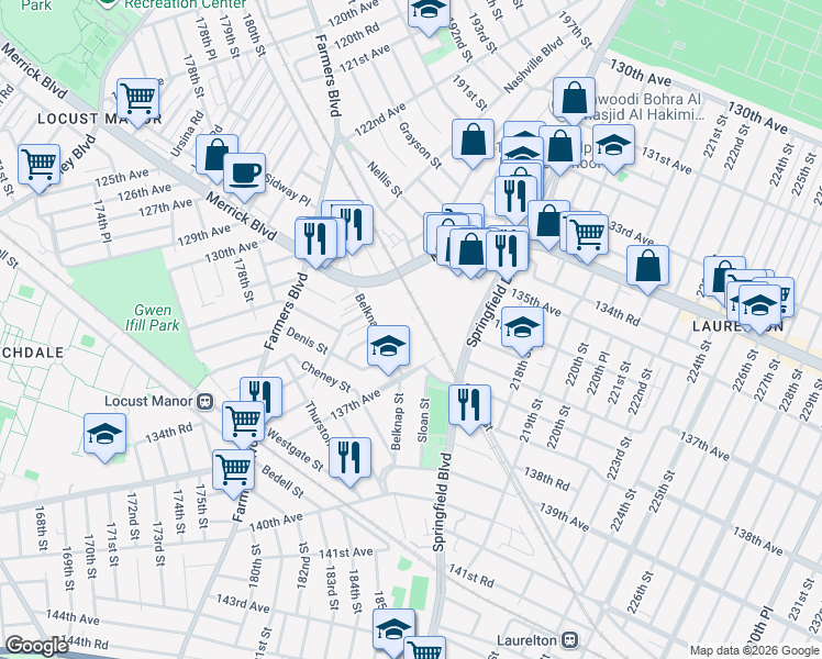 map of restaurants, bars, coffee shops, grocery stores, and more near 55 in Queens