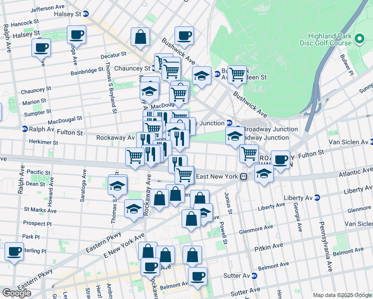 map of restaurants, bars, coffee shops, grocery stores, and more near 1892 Eastern Parkway in Brooklyn