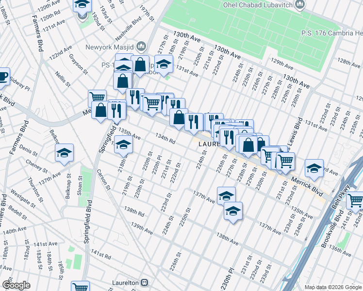 map of restaurants, bars, coffee shops, grocery stores, and more near 134-41 222nd Street in Queens