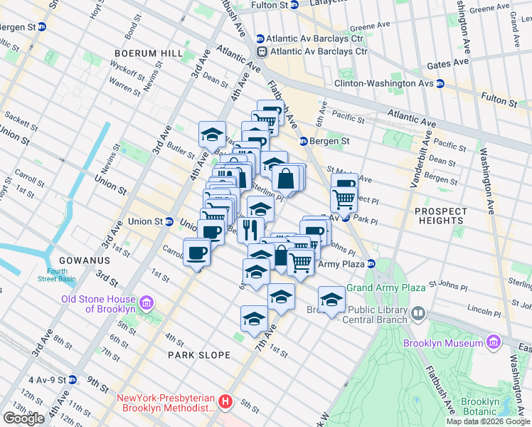 map of restaurants, bars, coffee shops, grocery stores, and more near 64 Saint Johns Place in Brooklyn
