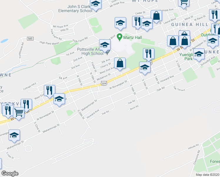 map of restaurants, bars, coffee shops, grocery stores, and more near 1729 West Norwegian Street in Pottsville