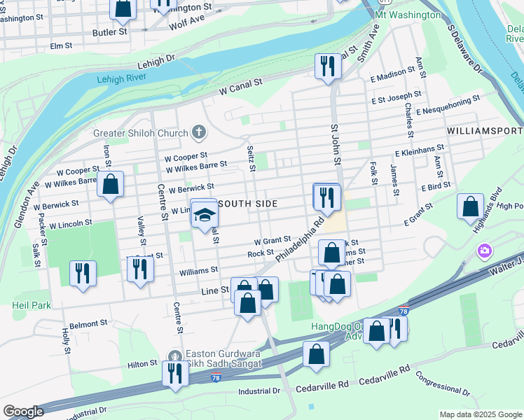 map of restaurants, bars, coffee shops, grocery stores, and more near 616 Seitz Street in Easton