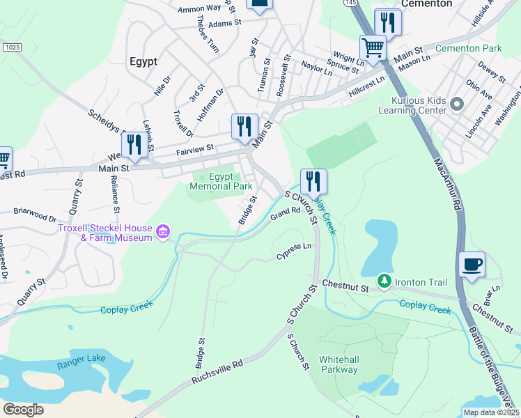 map of restaurants, bars, coffee shops, grocery stores, and more near 4168 Bridge Street in Lehigh County