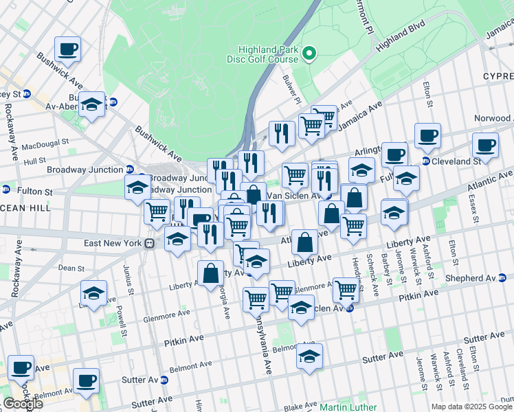 map of restaurants, bars, coffee shops, grocery stores, and more near 117 New Jersey Avenue in Brooklyn