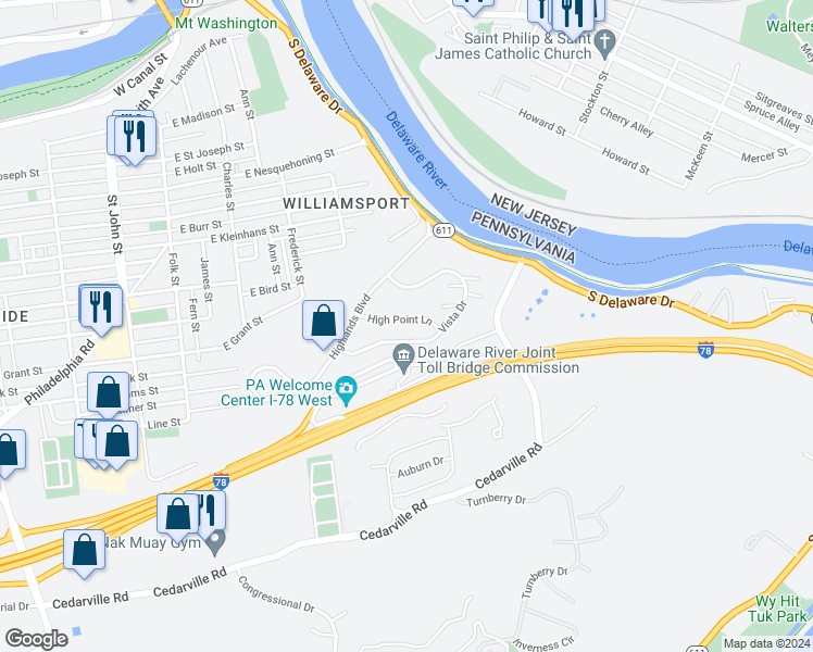 map of restaurants, bars, coffee shops, grocery stores, and more near 122 High Point Lane in Easton
