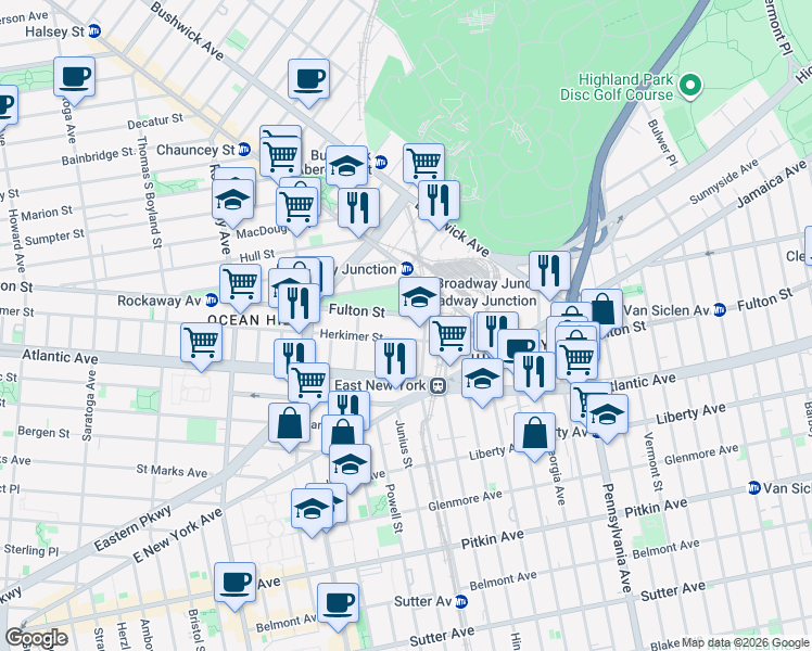 map of restaurants, bars, coffee shops, grocery stores, and more near 1495 Herkimer Street in Brooklyn