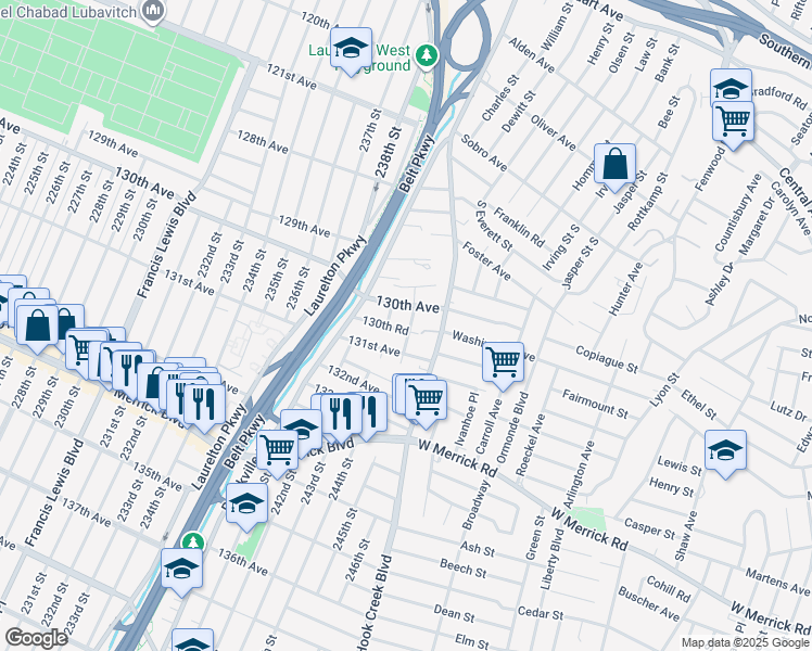 map of restaurants, bars, coffee shops, grocery stores, and more near 243-15 131st Avenue in Queens