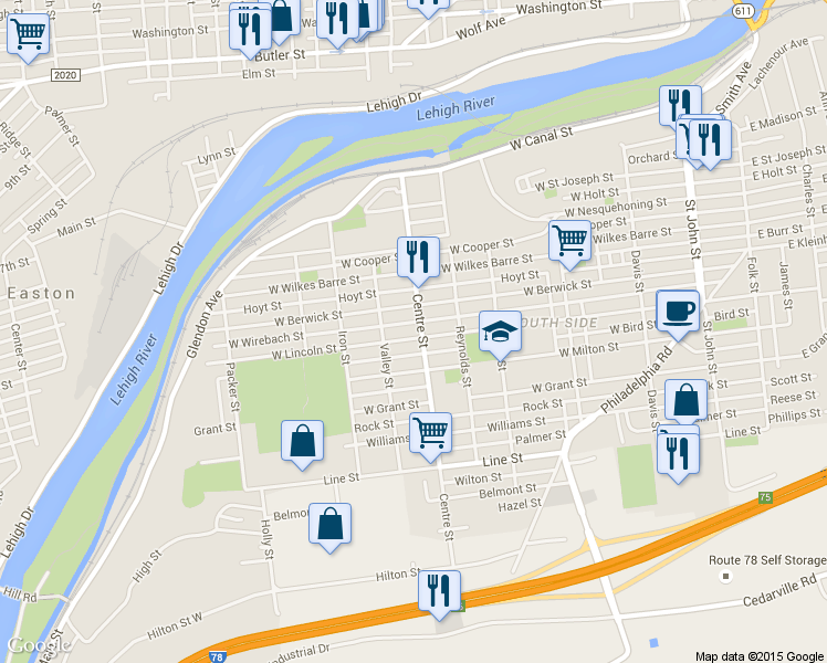 map of restaurants, bars, coffee shops, grocery stores, and more near 533 Centre Street in Easton