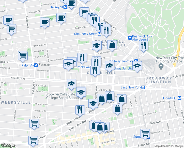 map of restaurants, bars, coffee shops, grocery stores, and more near Herkimer St & Gunther Pl in Brooklyn