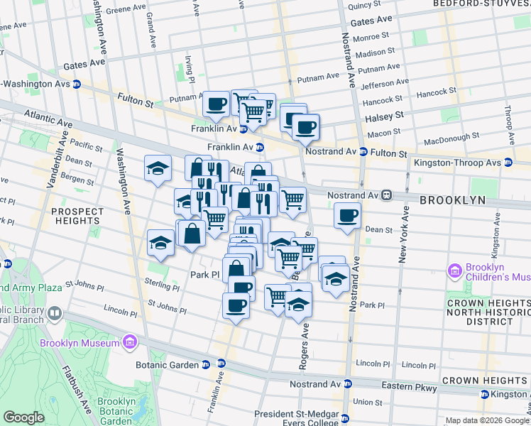 map of restaurants, bars, coffee shops, grocery stores, and more near Dean St & Franklin Ave in Brooklyn