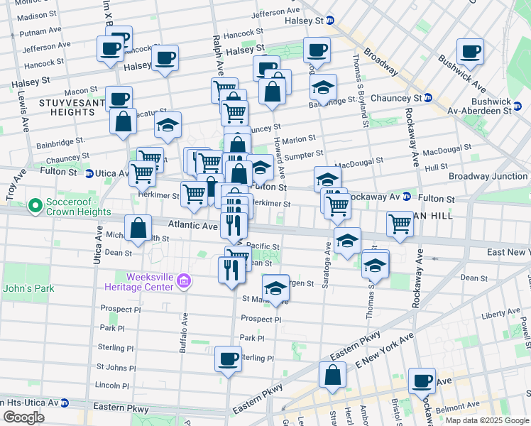 map of restaurants, bars, coffee shops, grocery stores, and more near 1927 Atlantic Avenue in Brooklyn