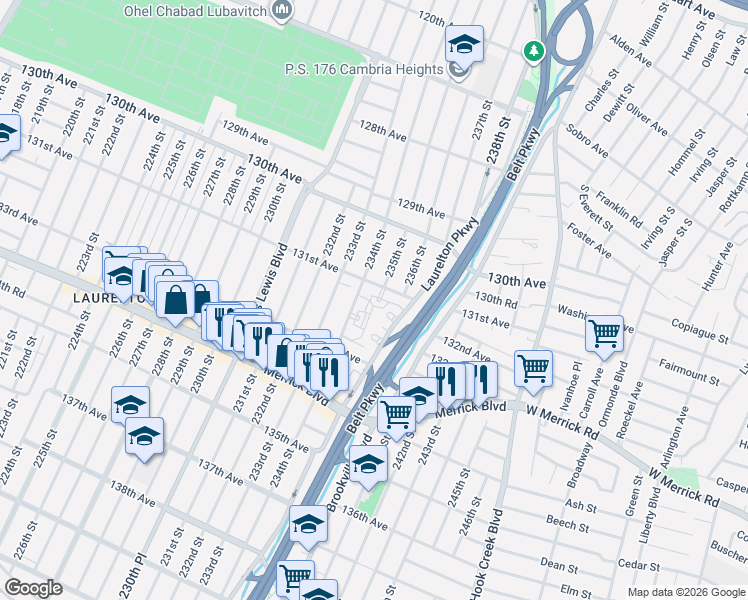 map of restaurants, bars, coffee shops, grocery stores, and more near 234-22 131st Avenue in Queens