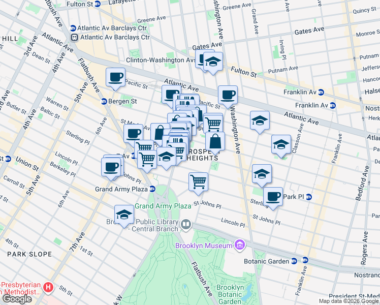 map of restaurants, bars, coffee shops, grocery stores, and more near 291 Park Place in Brooklyn