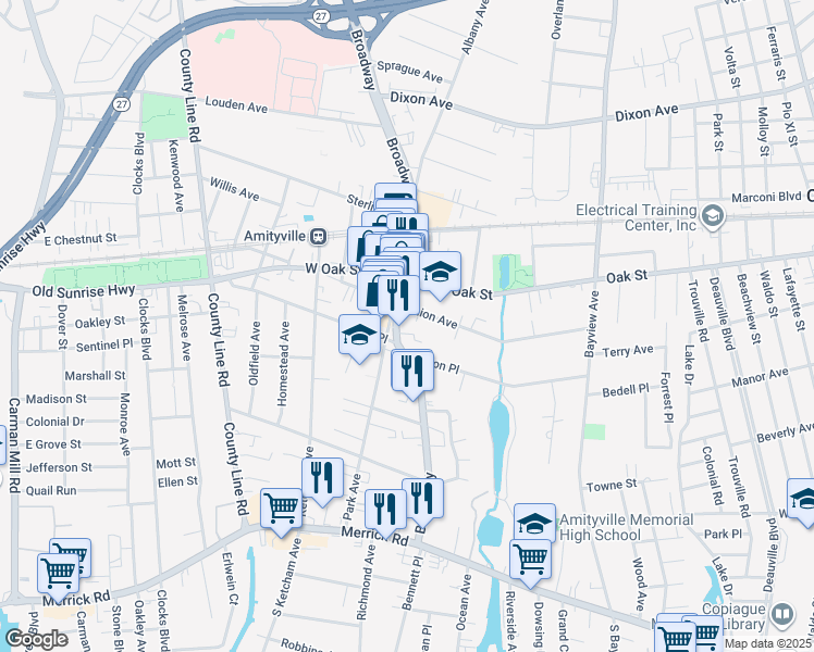 map of restaurants, bars, coffee shops, grocery stores, and more near 150 Park Avenue in Amityville