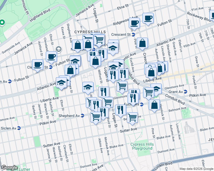 map of restaurants, bars, coffee shops, grocery stores, and more near 381 Logan Street in Brooklyn