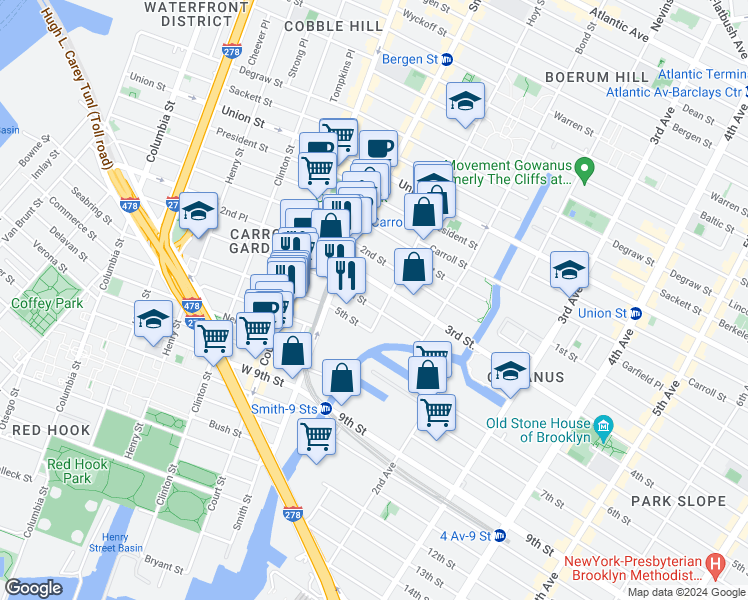 map of restaurants, bars, coffee shops, grocery stores, and more near 3856 4th Street in Brooklyn