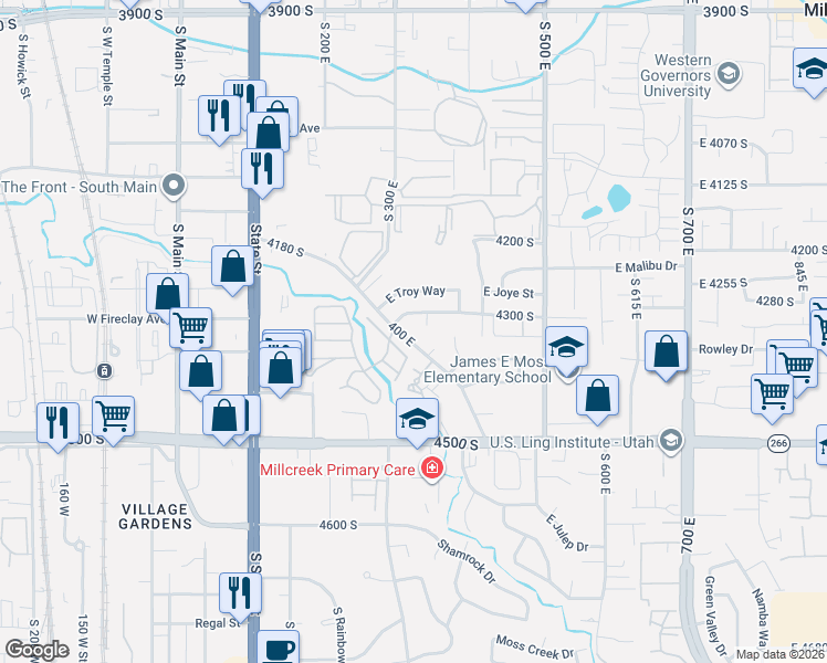 map of restaurants, bars, coffee shops, grocery stores, and more near 323 East Vagabond Drive in Murray