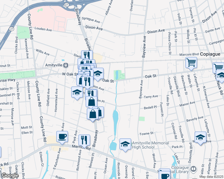 map of restaurants, bars, coffee shops, grocery stores, and more near 75 Union Avenue in Amityville