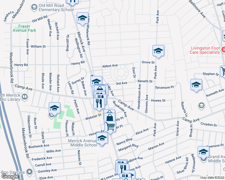 map of restaurants, bars, coffee shops, grocery stores, and more near 4 Lake Avenue in Merrick