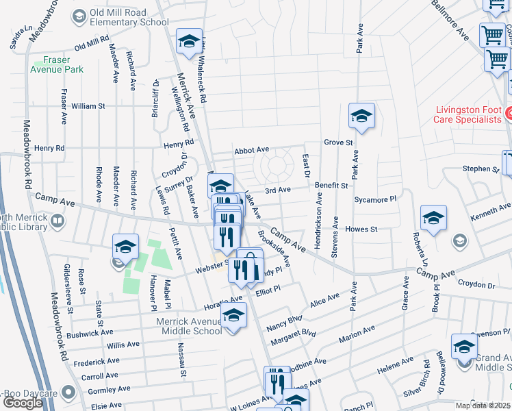 map of restaurants, bars, coffee shops, grocery stores, and more near 4 Lake Avenue in Merrick