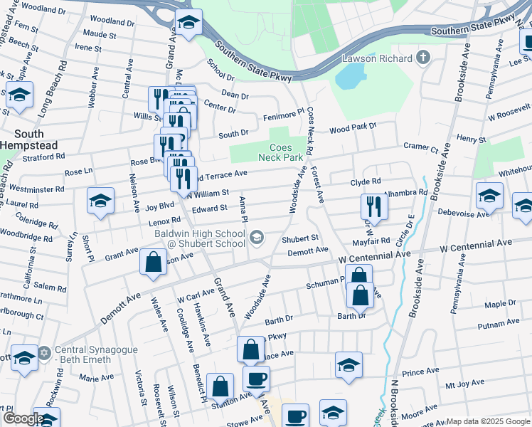 map of restaurants, bars, coffee shops, grocery stores, and more near 841 Sprague Street in Baldwin
