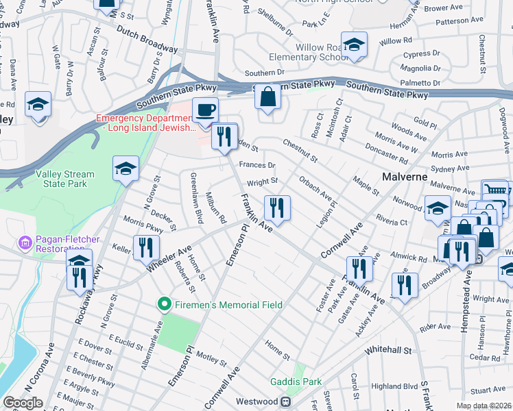 map of restaurants, bars, coffee shops, grocery stores, and more near in Valley Stream