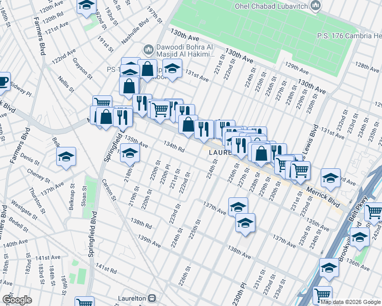 map of restaurants, bars, coffee shops, grocery stores, and more near 134-41 222nd Street in Queens