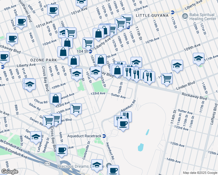 map of restaurants, bars, coffee shops, grocery stores, and more near 104-17 Sutter Avenue in Queens