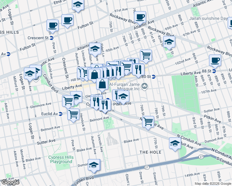 map of restaurants, bars, coffee shops, grocery stores, and more near 571 Eldert Lane in Brooklyn