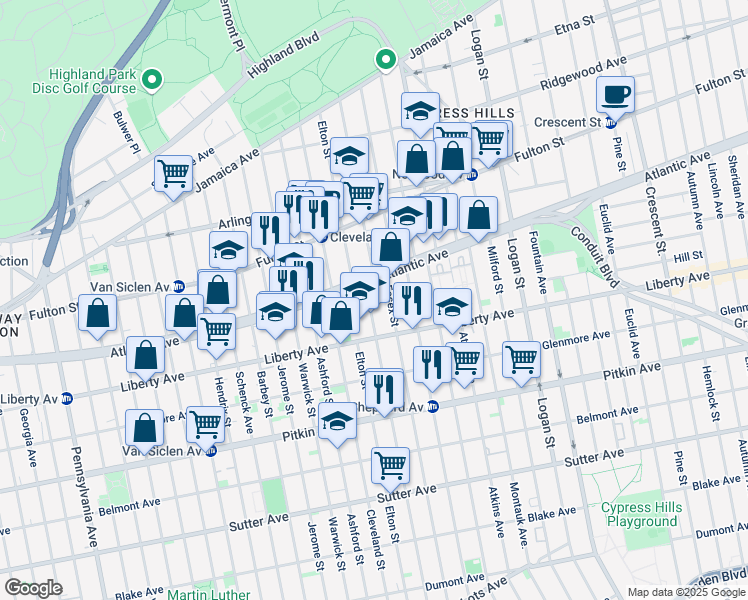 map of restaurants, bars, coffee shops, grocery stores, and more near 350 Linwood Street in Brooklyn