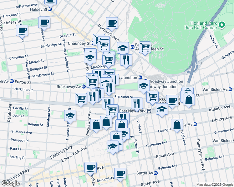 map of restaurants, bars, coffee shops, grocery stores, and more near 1422 Herkimer Street in Brooklyn