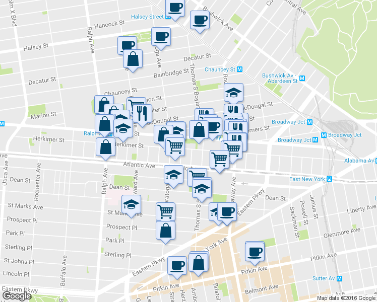 map of restaurants, bars, coffee shops, grocery stores, and more near 23 Roosevelt Place in Brooklyn