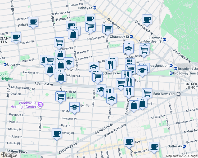 map of restaurants, bars, coffee shops, grocery stores, and more near 23 Roosevelt Place in Brooklyn