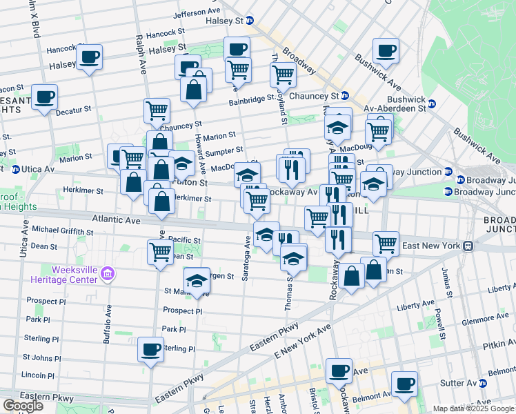 map of restaurants, bars, coffee shops, grocery stores, and more near 23 Roosevelt Place in Brooklyn