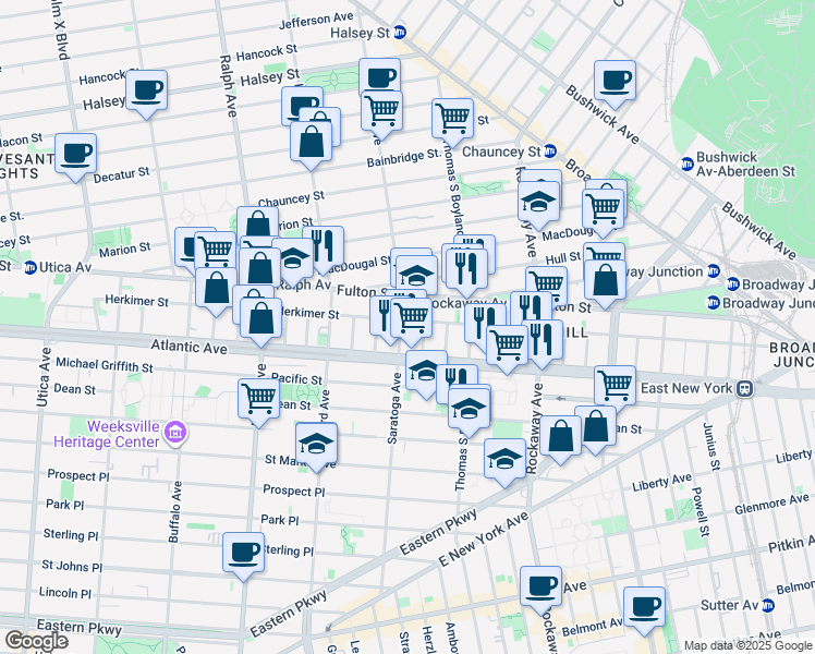 map of restaurants, bars, coffee shops, grocery stores, and more near 23 Roosevelt Place in Brooklyn