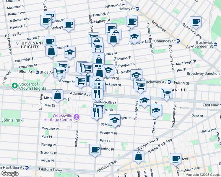 map of restaurants, bars, coffee shops, grocery stores, and more near 1927 Atlantic Avenue in Brooklyn