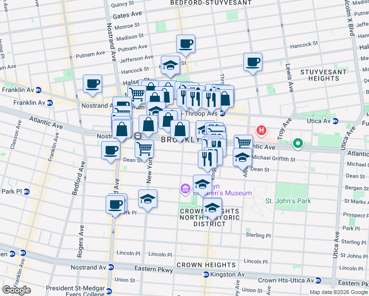map of restaurants, bars, coffee shops, grocery stores, and more near 1402 Pacific Street in Brooklyn