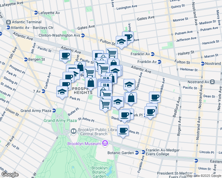 map of restaurants, bars, coffee shops, grocery stores, and more near 677 Washington Avenue in Brooklyn