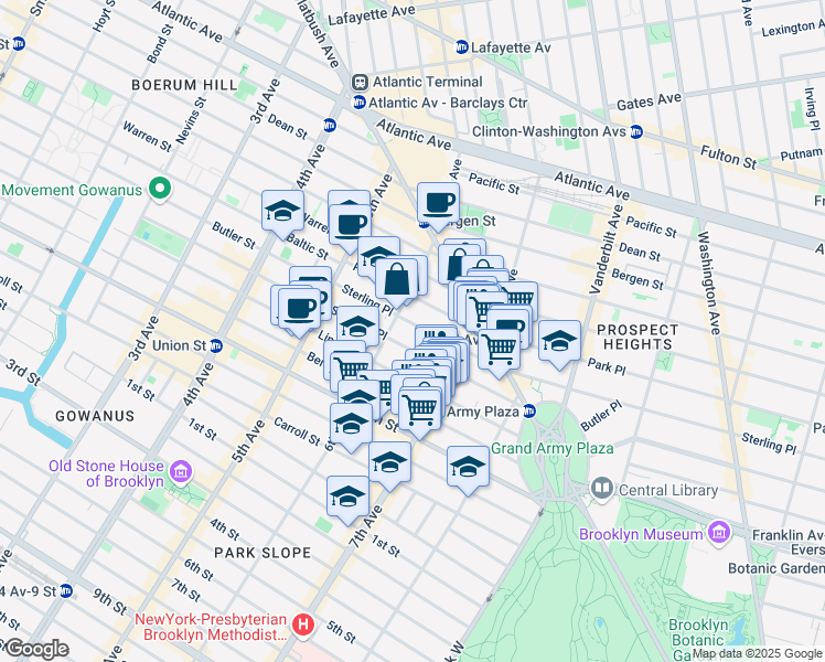 map of restaurants, bars, coffee shops, grocery stores, and more near 119 Saint Johns Place in Brooklyn