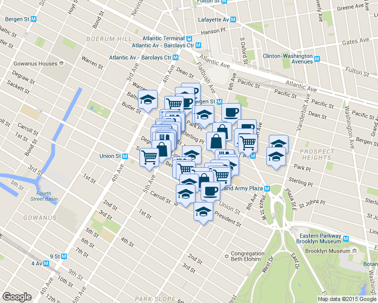map of restaurants, bars, coffee shops, grocery stores, and more near 162 6th Avenue in Brooklyn