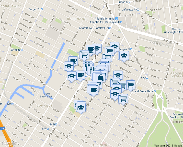 map of restaurants, bars, coffee shops, grocery stores, and more near 208 5th Avenue in Brooklyn